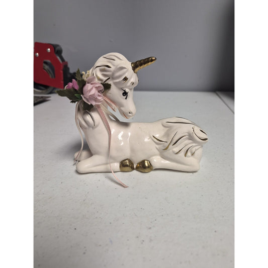 White Unicorn Figurine Fantasy Decor with Gold Horn Accents & Pink Flowers