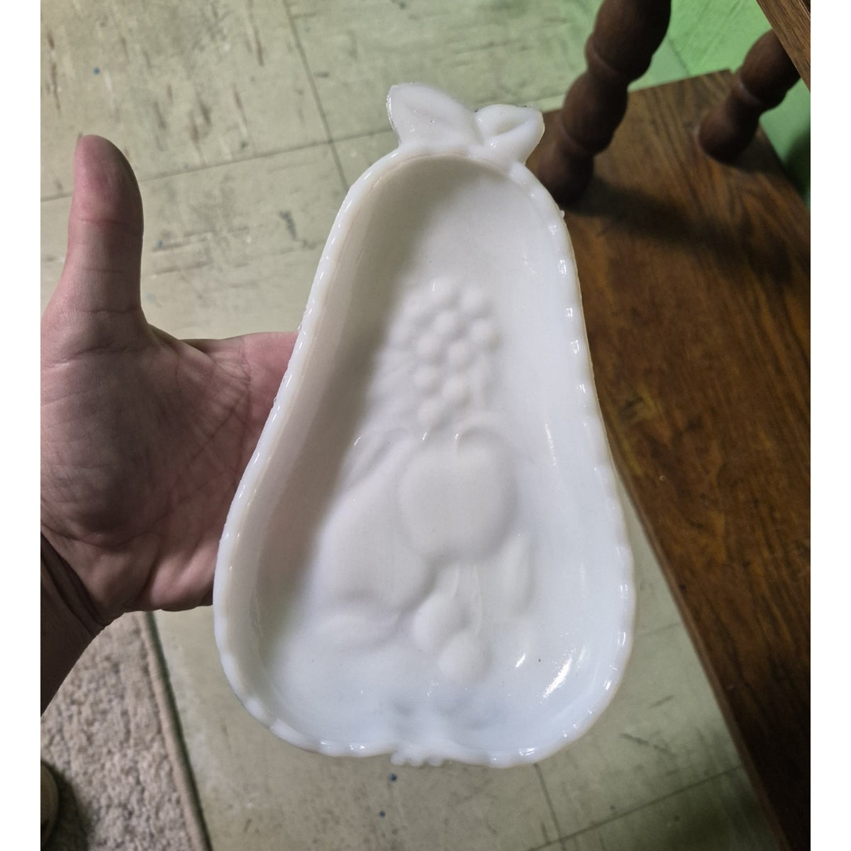 White Milk Glass Pear-Shaped Candy Dish, Embossed Fruit Pattern, Glossy