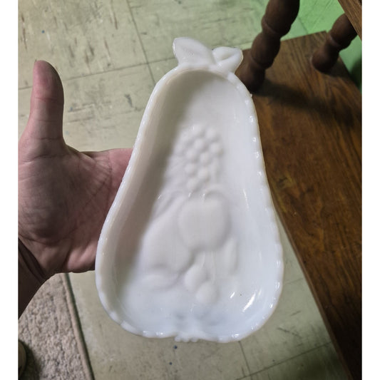 White Milk Glass Pear-Shaped Candy Dish, Embossed Fruit Pattern, Glossy