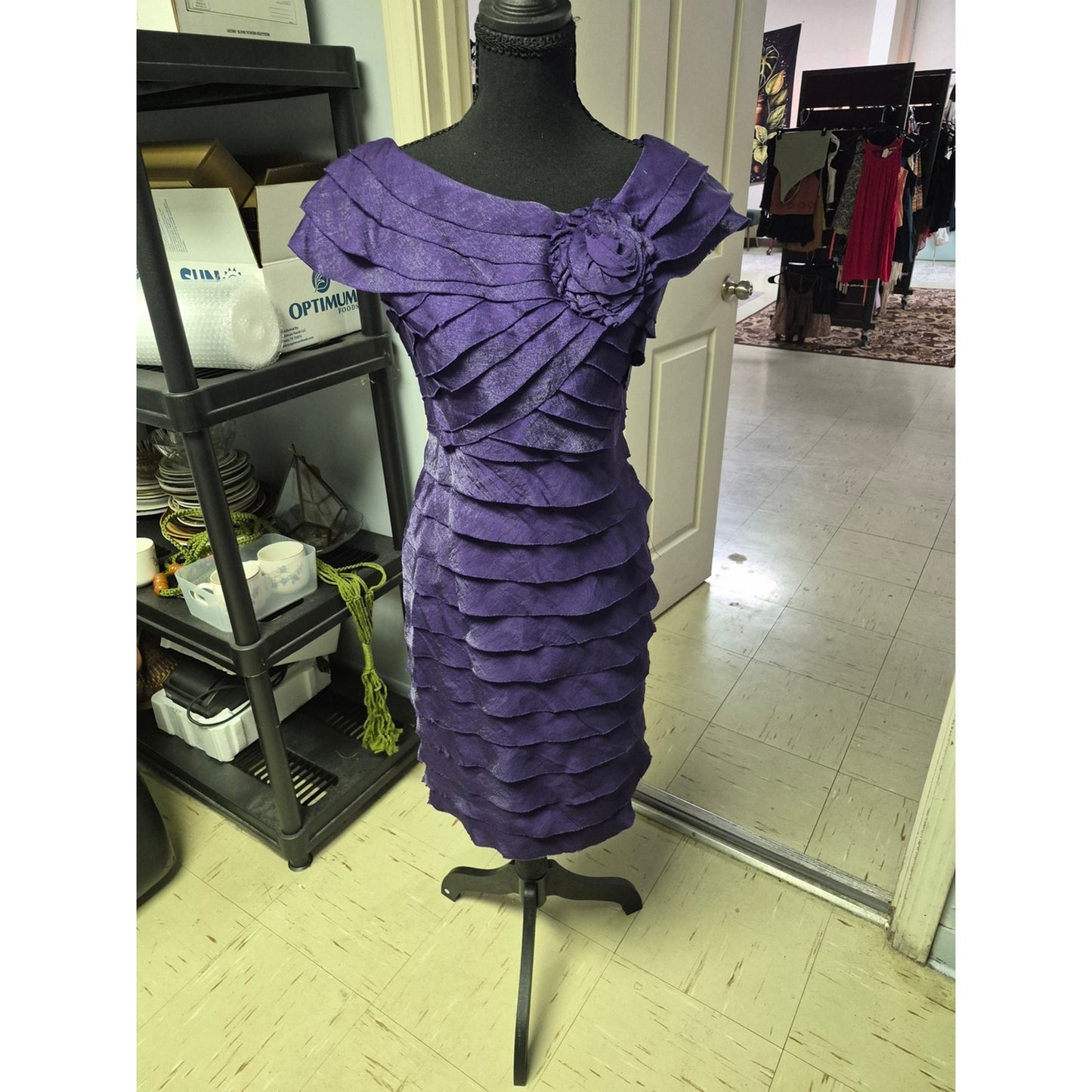 London Times Purple Tiered Ruffle Sheath Dress with Rosette