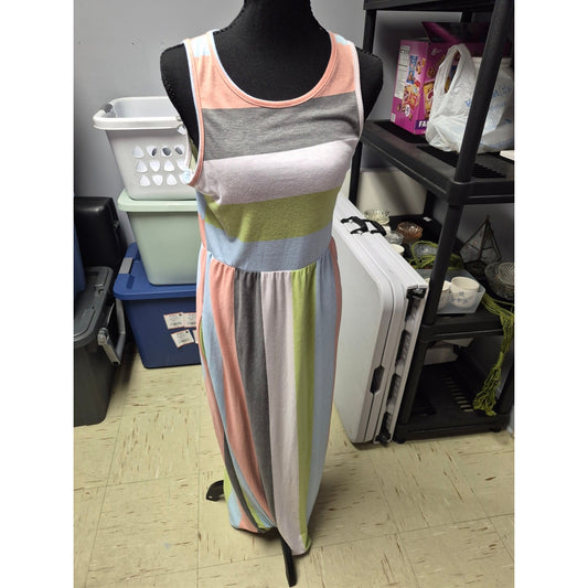 Sleeveless Pastel Stripe Maxi Dress in Pink, Gray, Blue & Green