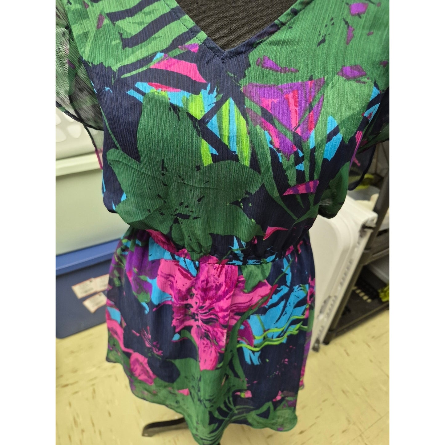 Floral V-Neck Chiffon Dress in Green and Pink