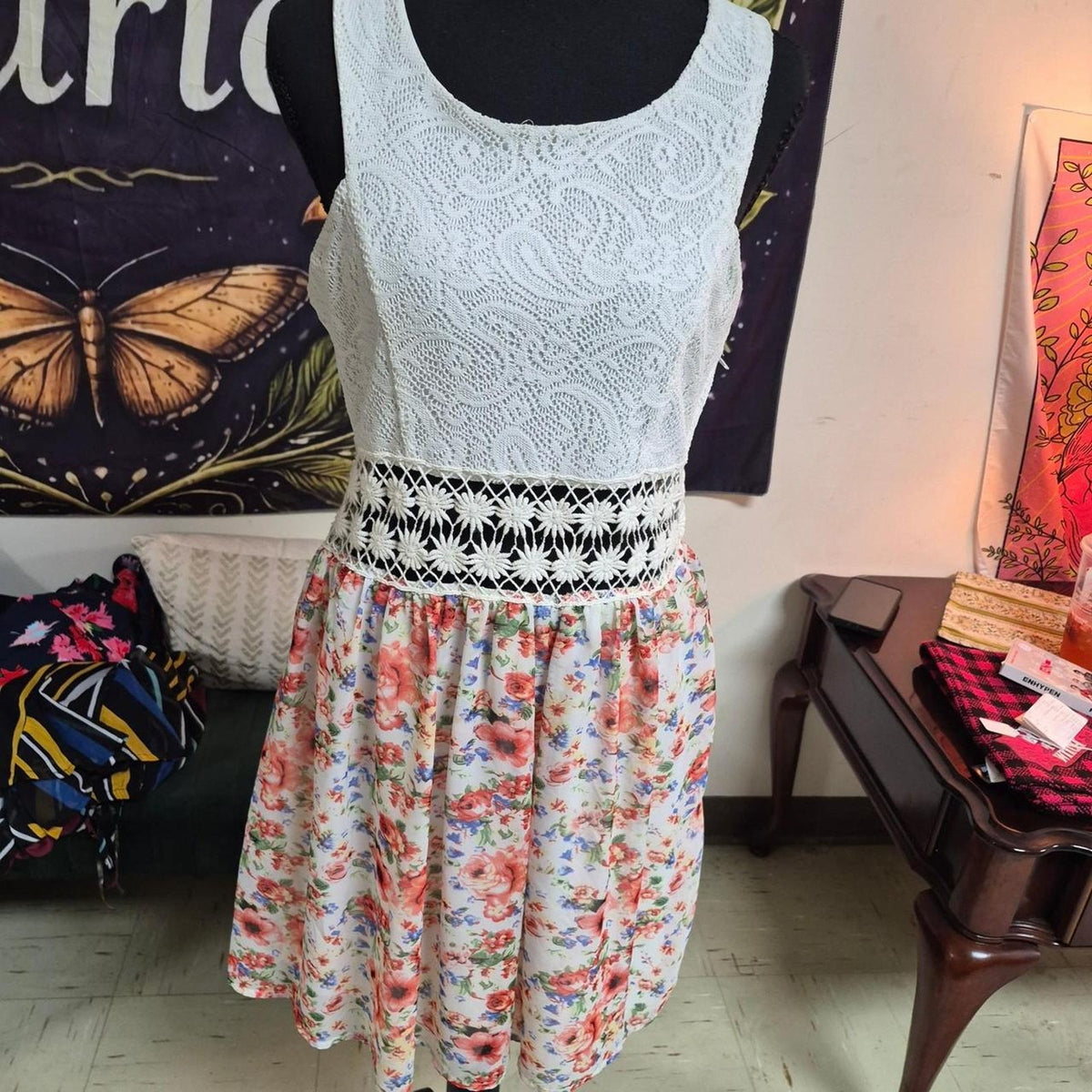 White floral dress with black