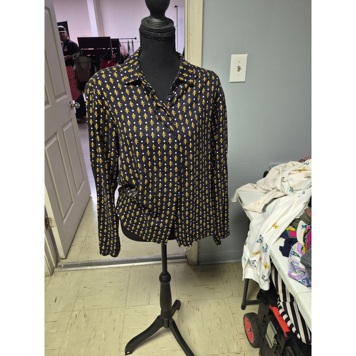 Navy Button-Up Shirt with Yellow Fleur Pattern