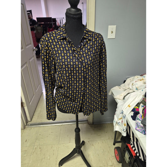 Navy Button-Up Shirt with Yellow Fleur Pattern