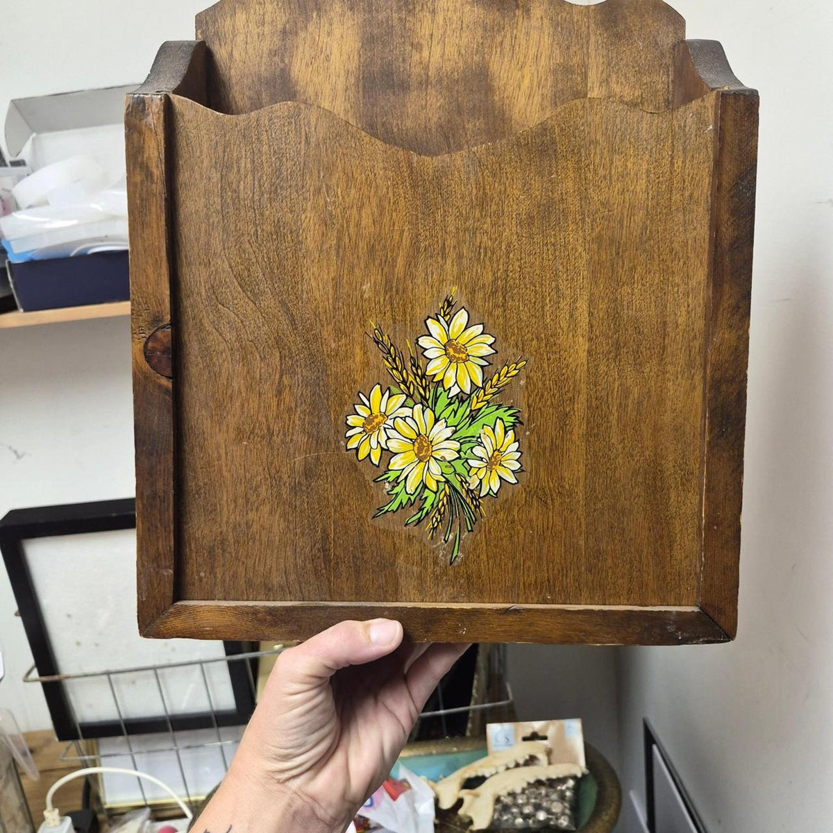 Wooden magazine rack with yellow