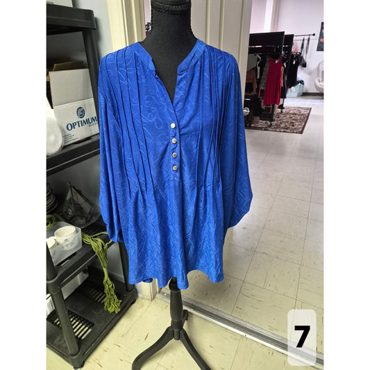 Notations Royal Blue Pleated V-Neck Tunic with Button Trim