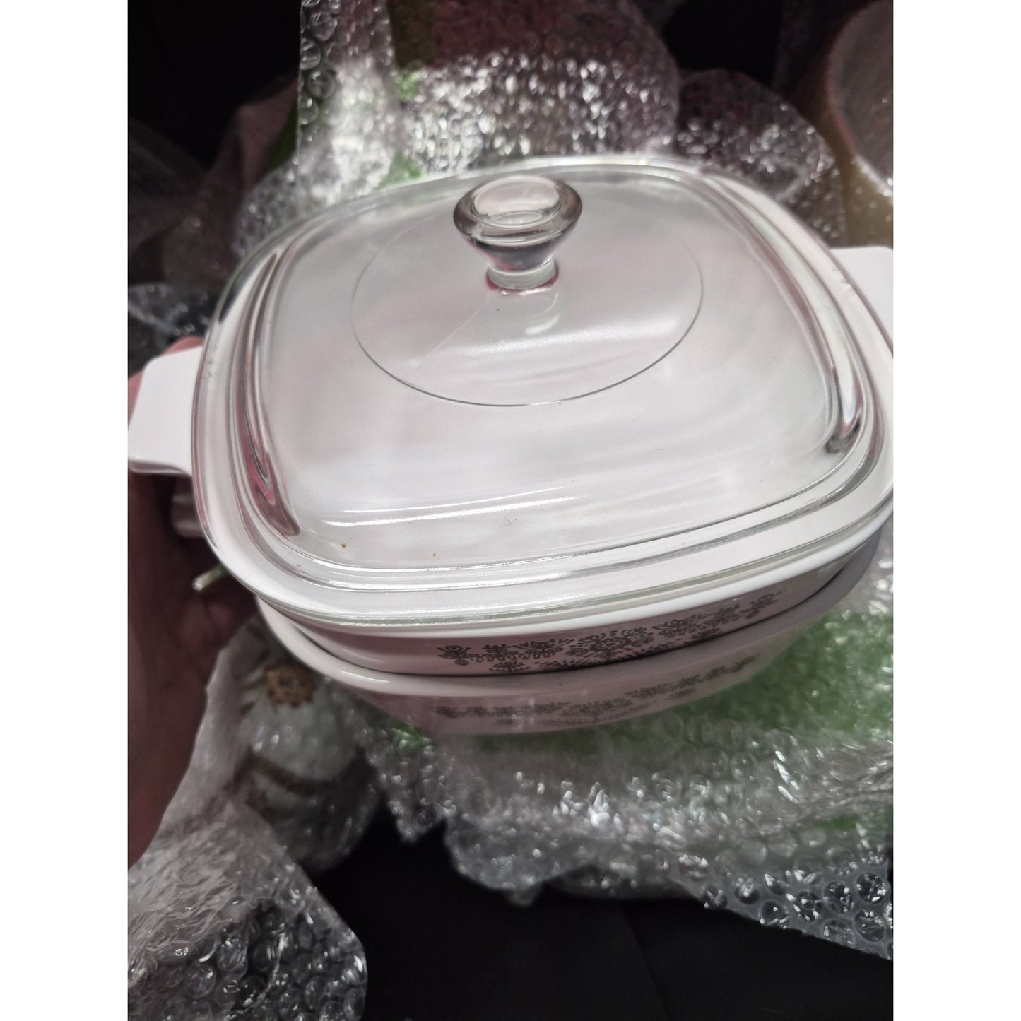 CorningWare JCP-1B White Green Floral Square 2 Casserole Dish w/ Lid Handle.