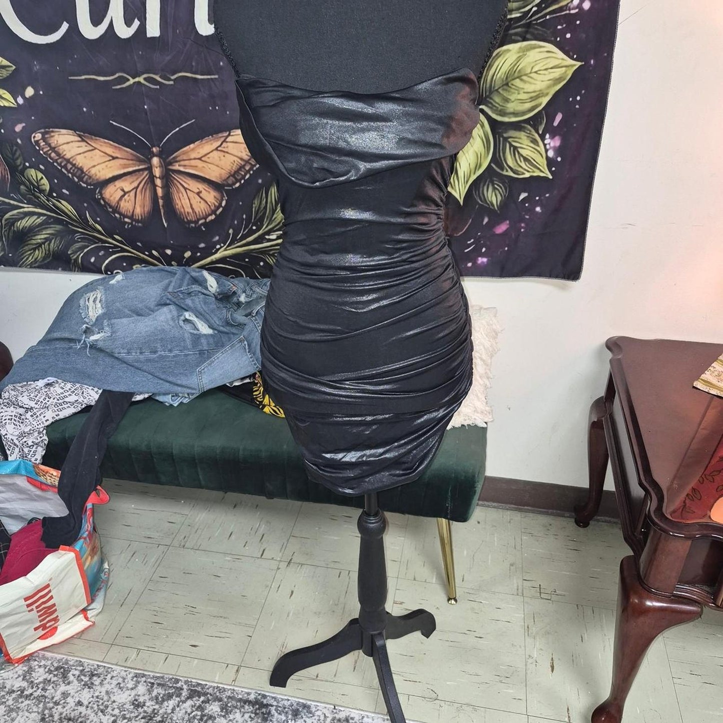Black ruched mini dress with