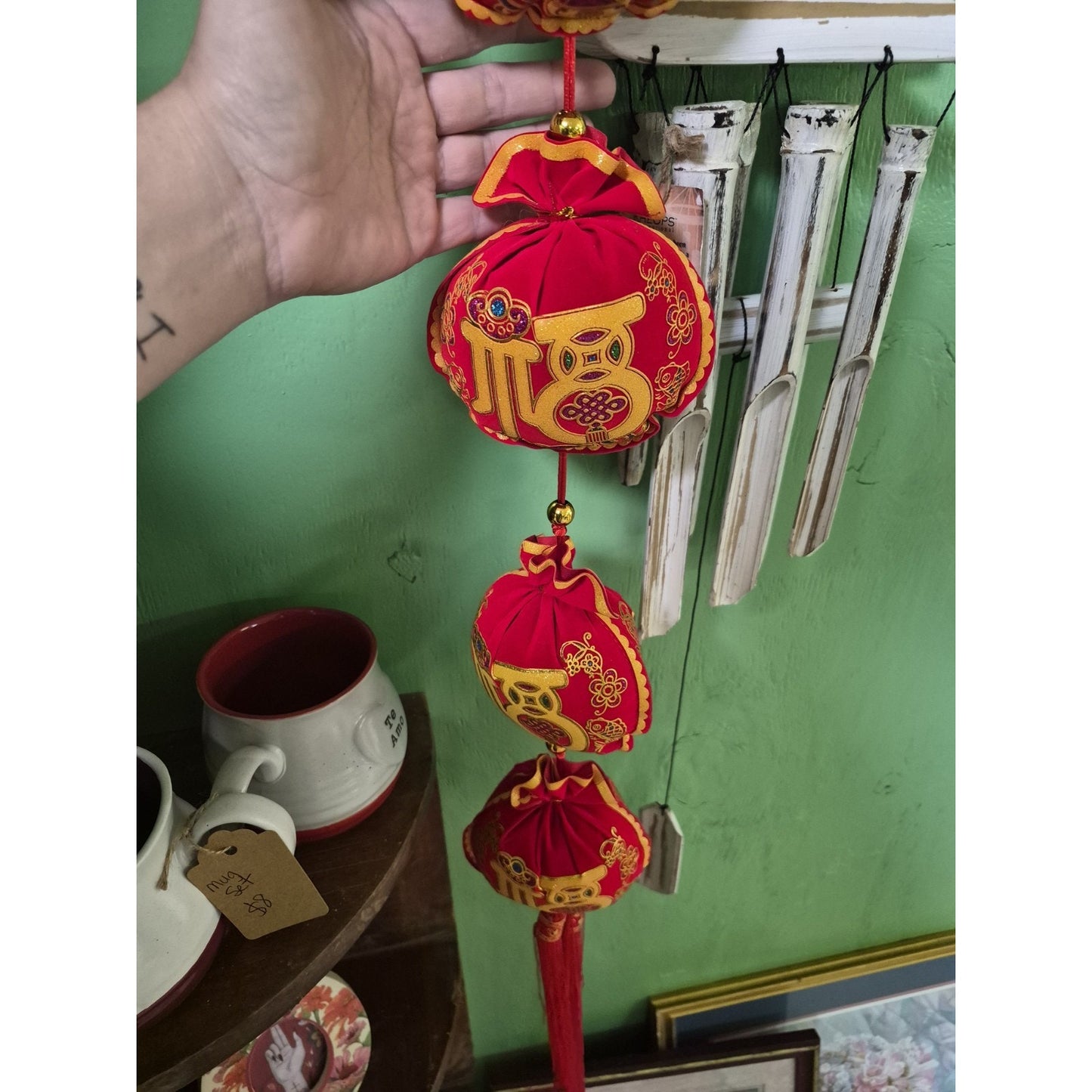 Chinese New Year Red & Gold Fabric Hanging Lantern Decorations, Chinese Theme