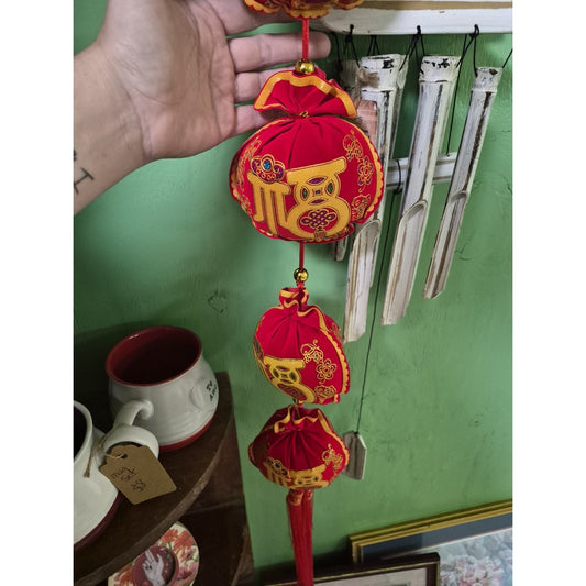 Chinese New Year Red & Gold Fabric Hanging Lantern Decorations, Chinese Theme