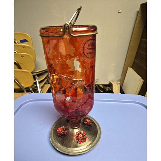 AntiquePerky-Pet Red Glass & Metal Hanging Hummingbird Nectar Feeder. Paint Fade