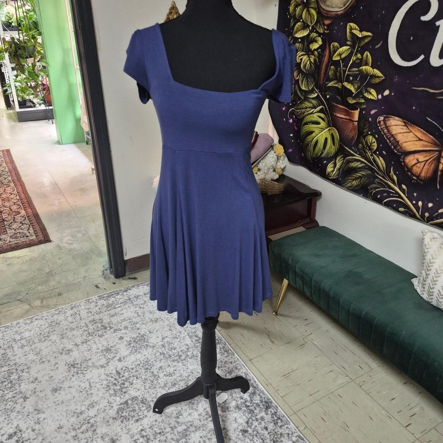 Blue square neck mini dress
