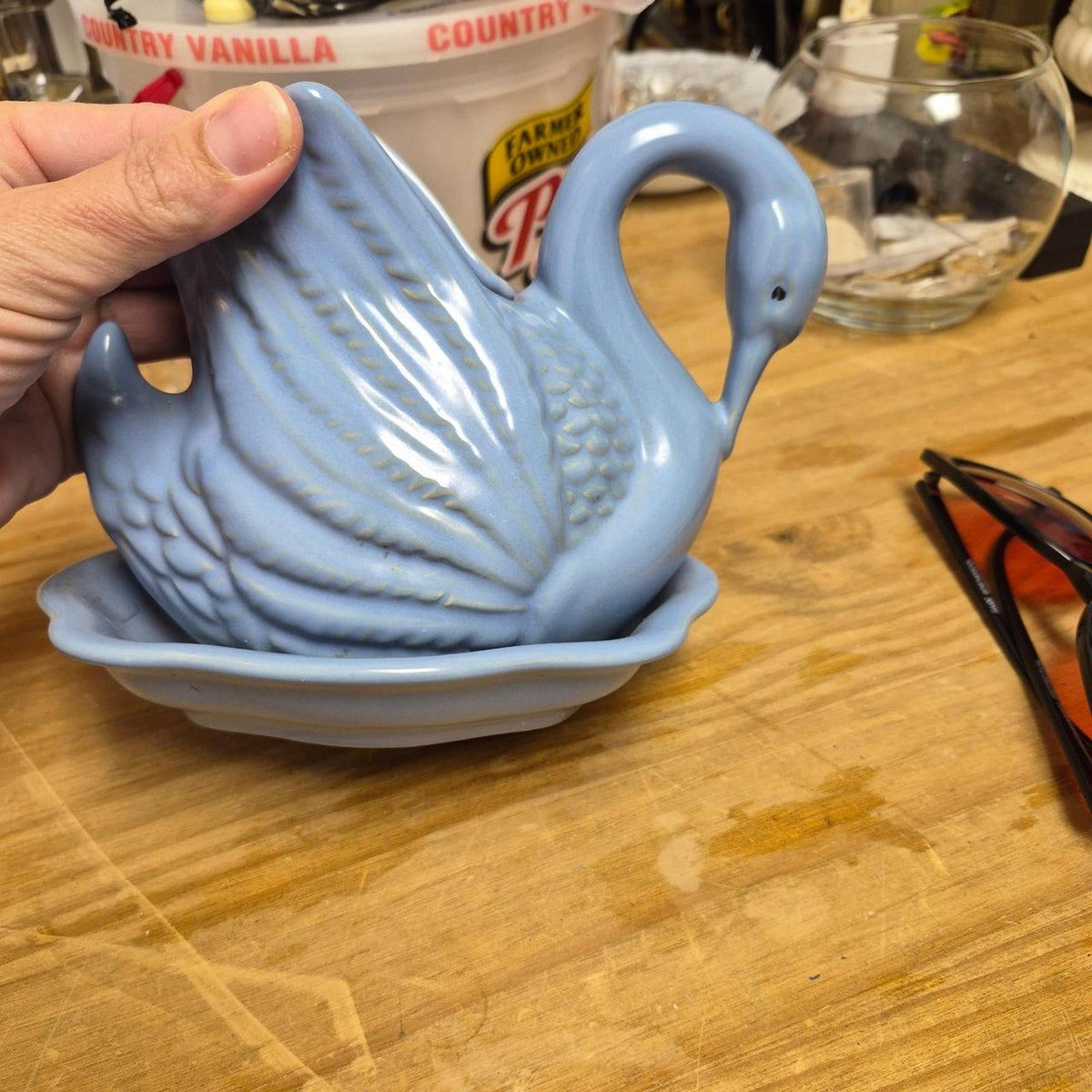 Vintage blue swan ceramic planter