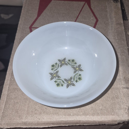 Fireking Oven Safe White Milk Glass Bowl Green Floral Wreath Pressed Glass