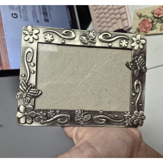 Antique Silver Ornate Floral Butterfly Metal Photo Frame 3x4 Freestanding
