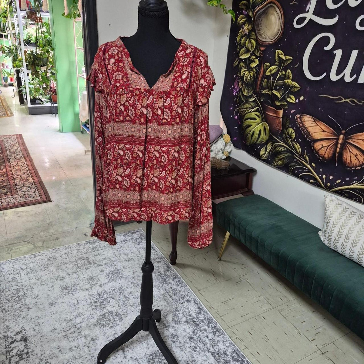 Red paisley blouse with beige