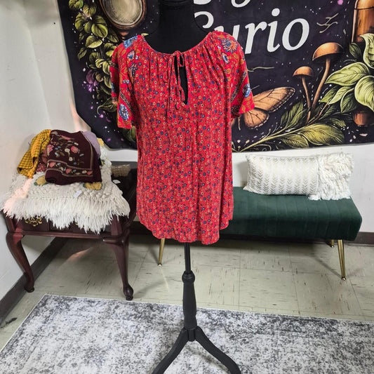 Red floral print blouse with