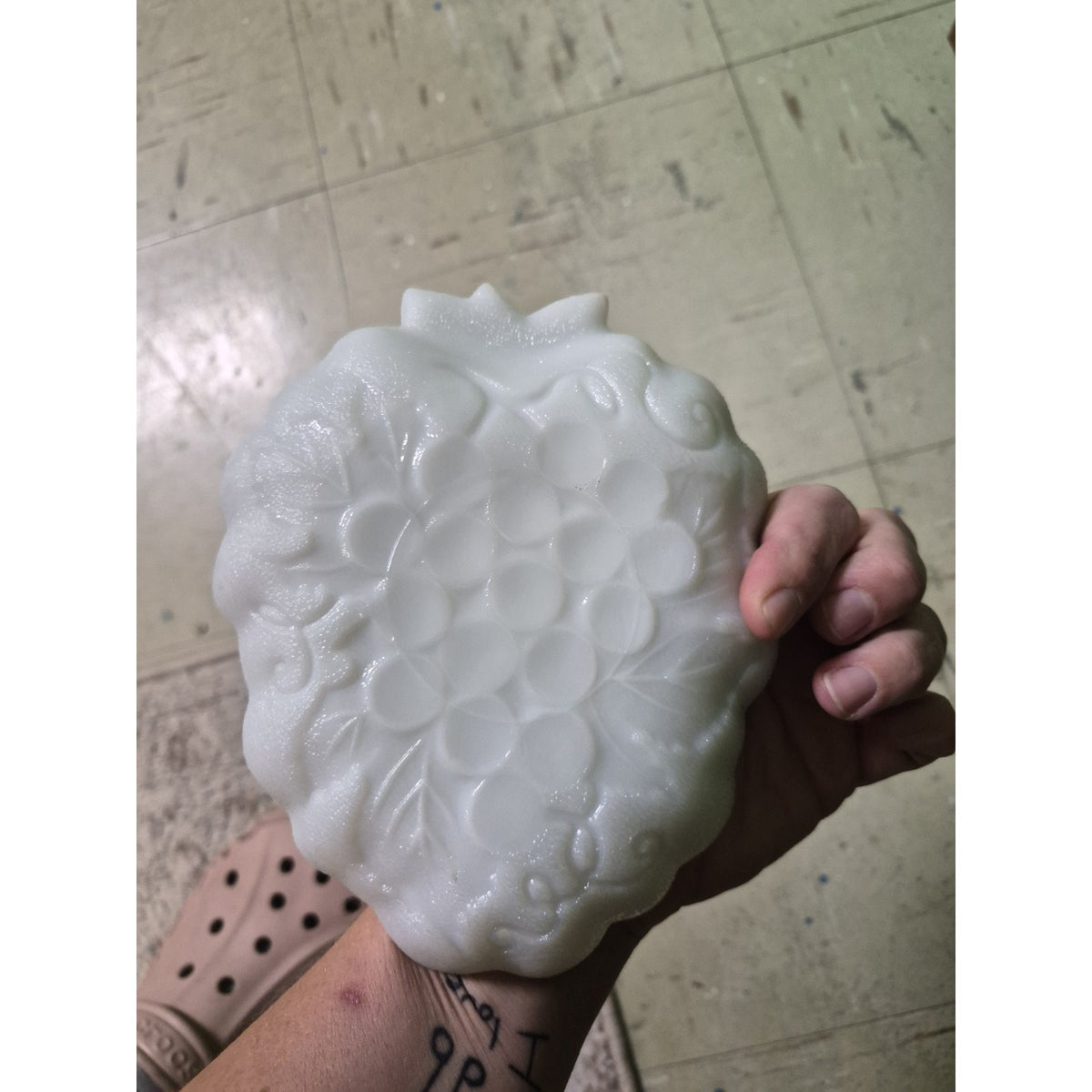 White Milk Glass Leaf-Shaped Candy Dish, Embossed Grape Pattern, Decorative
