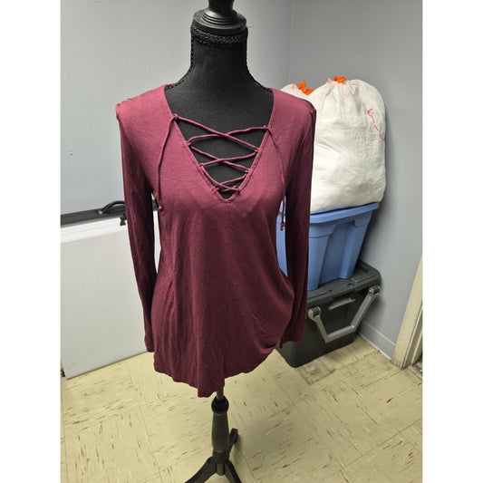 Old Navy Lace-Up V-Neck Long Sleeve Top - Wine