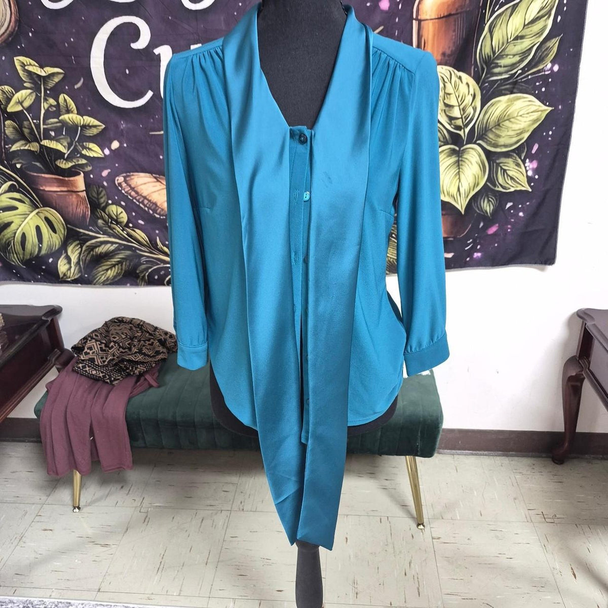 Blue tie front blouse with