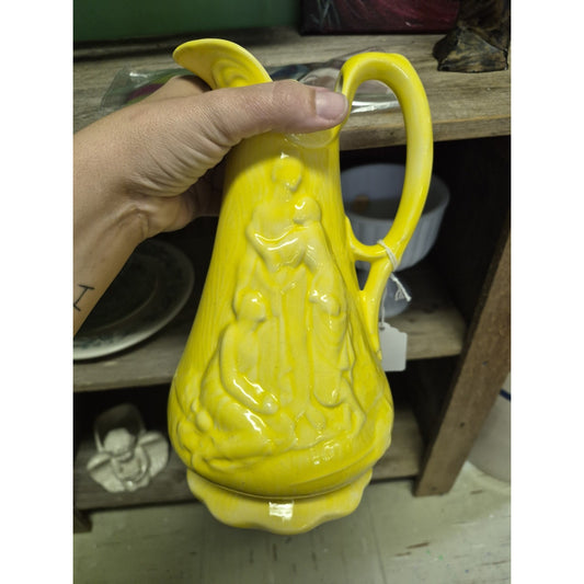 Yellow Glossy Ceramic Pitcher Jug w/ Handle & Spout, Decorative Relief, Solid