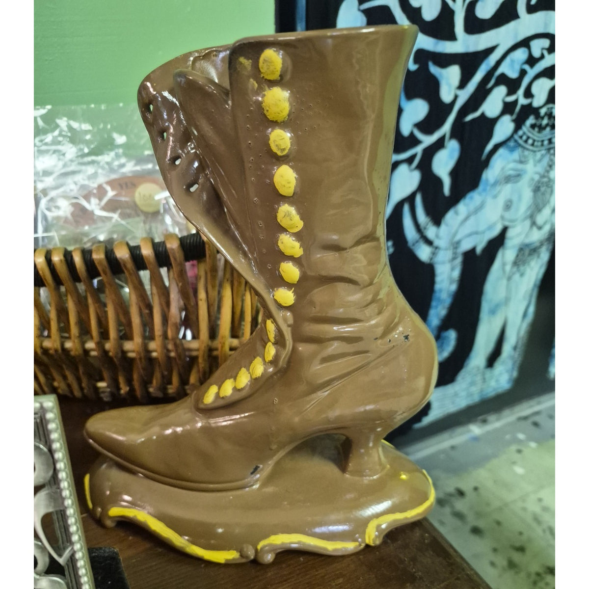 Ceramic Boot Figurine Brown/Yellow Glazed Contemporary Fashion Decor