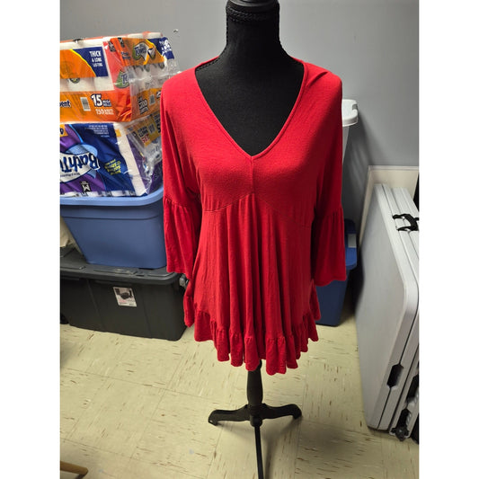 Annabelle Red V-Neck Ruffle Hem Tunic