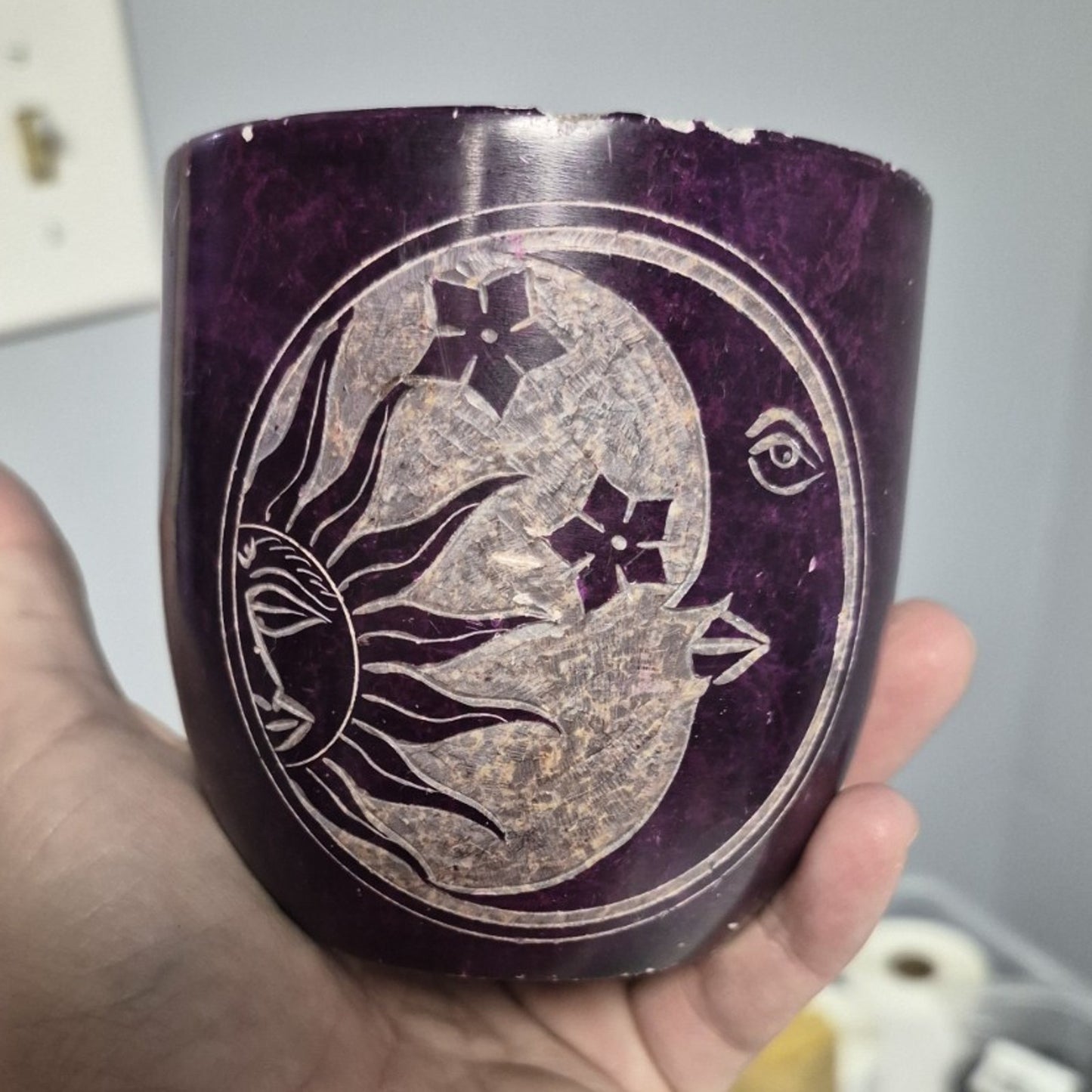 Purple Ceramic Mortar Sun & Moon Pictorial Bohemian Decorated One-Piece