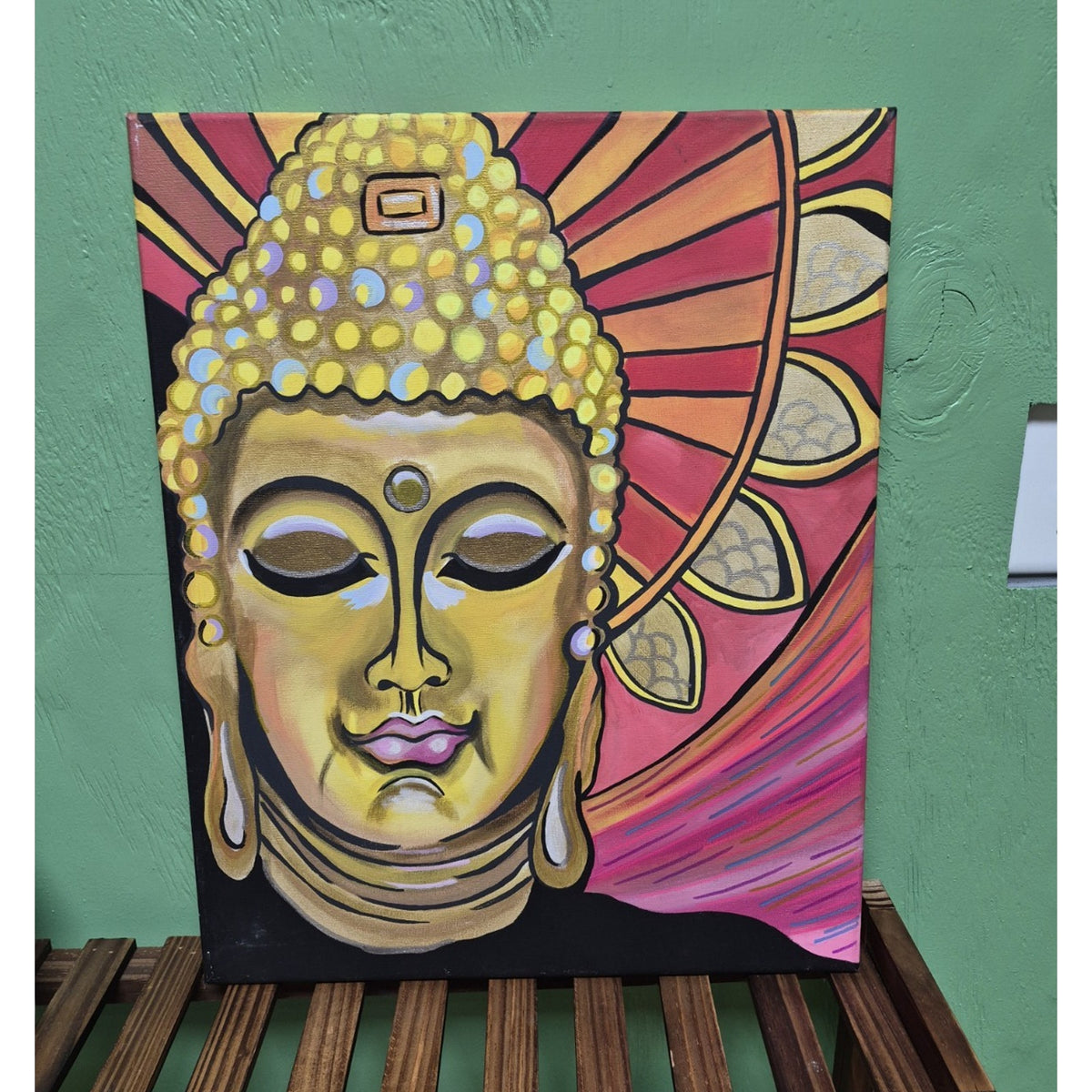Buddha Face Canvas Painting Pink & Gold Contemporary Religious Art Unframed