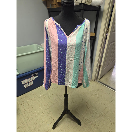 V-Neck Long Sleeve Striped & Polka Dot Top - Pink, Purple, Mint
