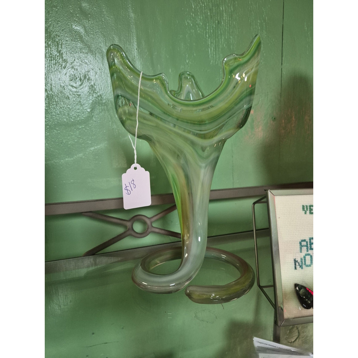 Unmarked Green & White Swirl Art Glass Vase, Glossy Decorative Finish