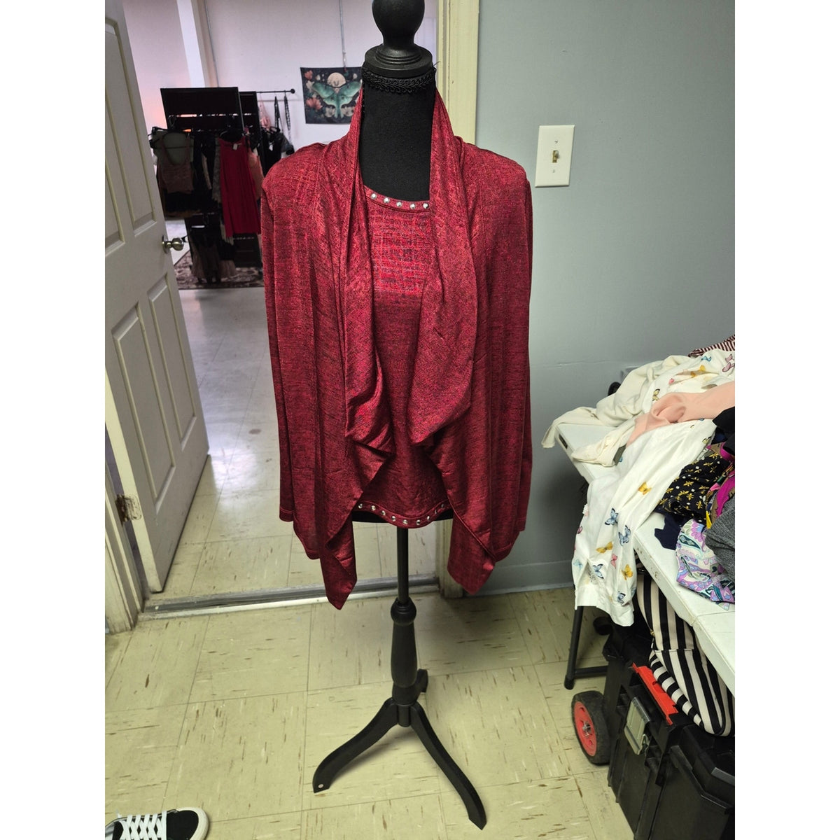 Ruby Rd. Red Draped Open-Front Sweater Shrug with Stud Trim