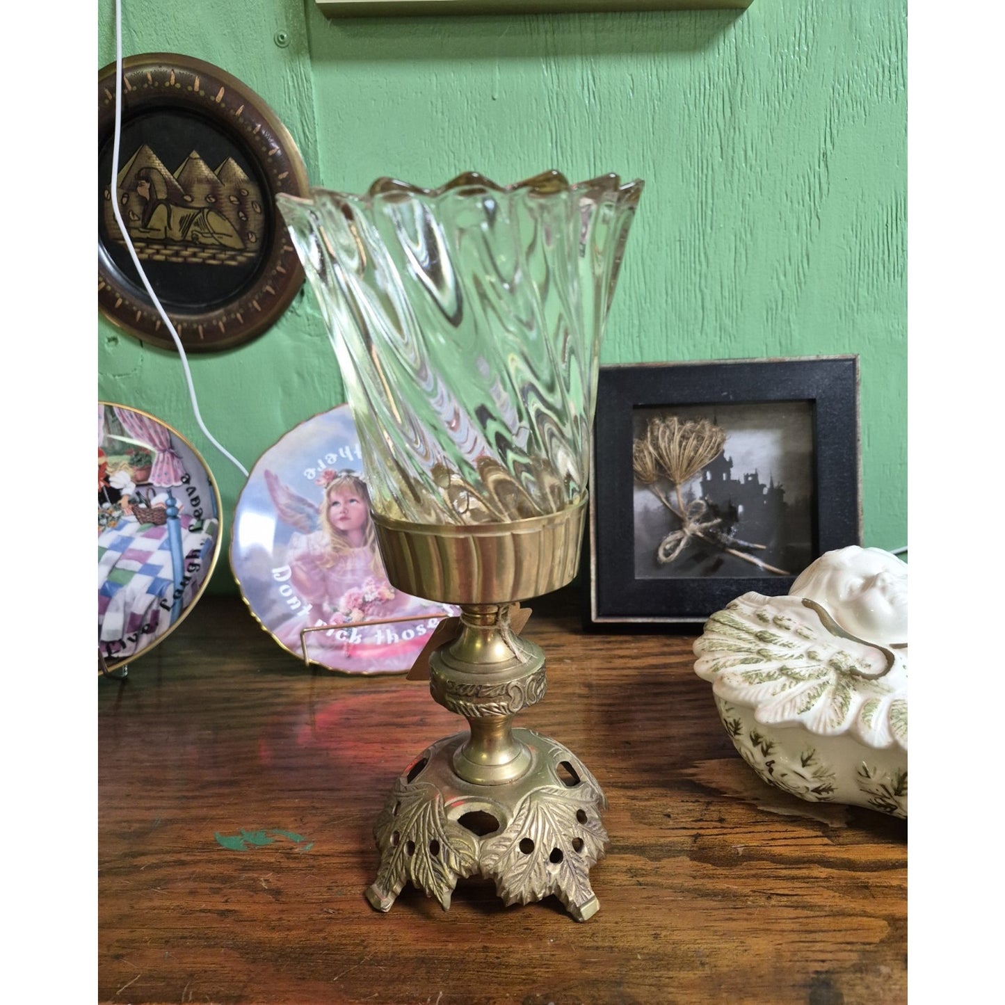 Clear Swirl Textured Glass Hurricane Candle Holder, Gold Tone Leaf Metal Base