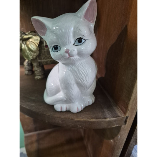 White Porcelain Cat Figurine, White Cat with Pink Ears Decorative Figurine