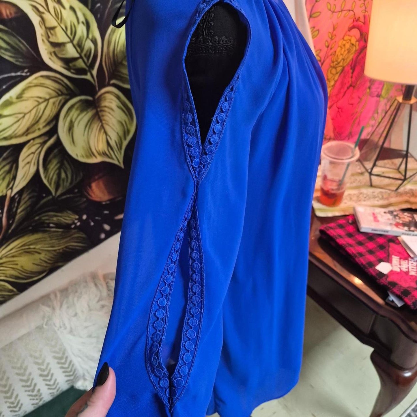 Blue lace blouse with tie