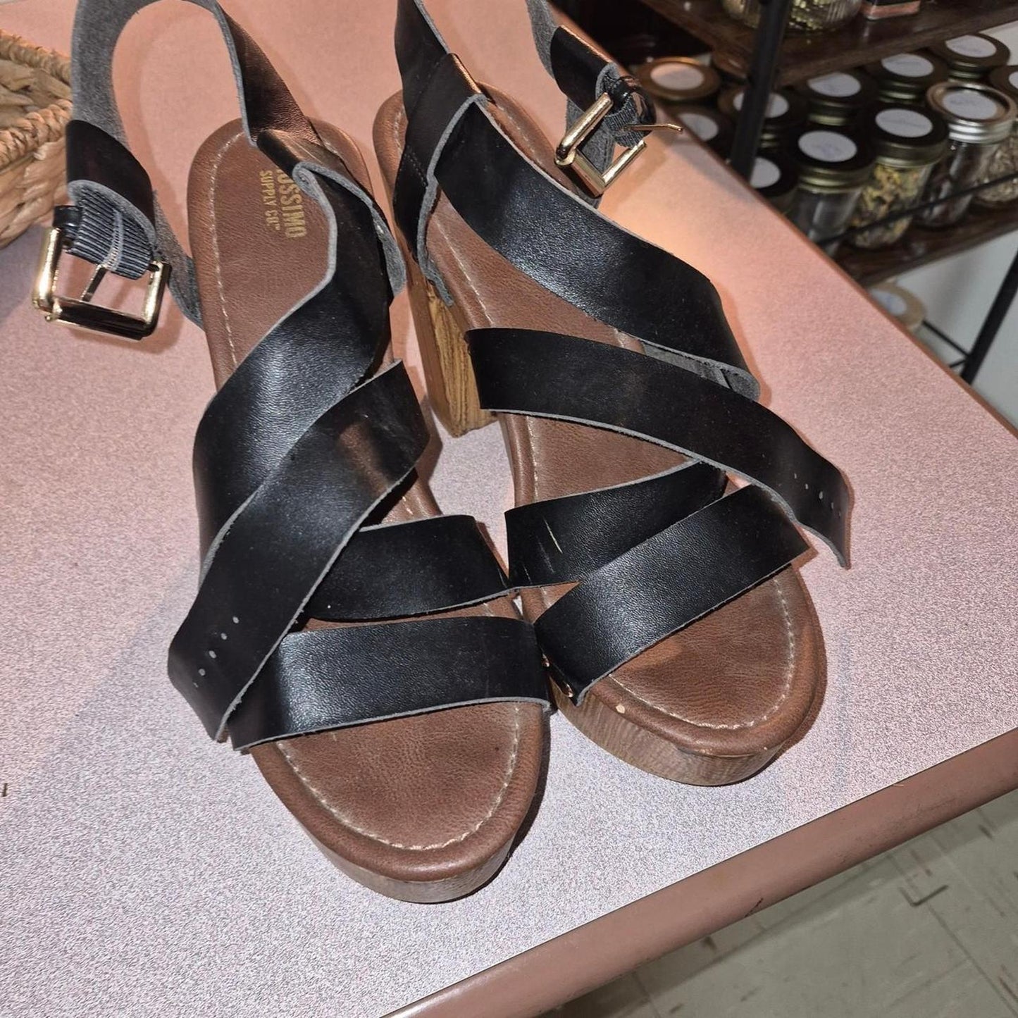 Black leather strappy sandals with