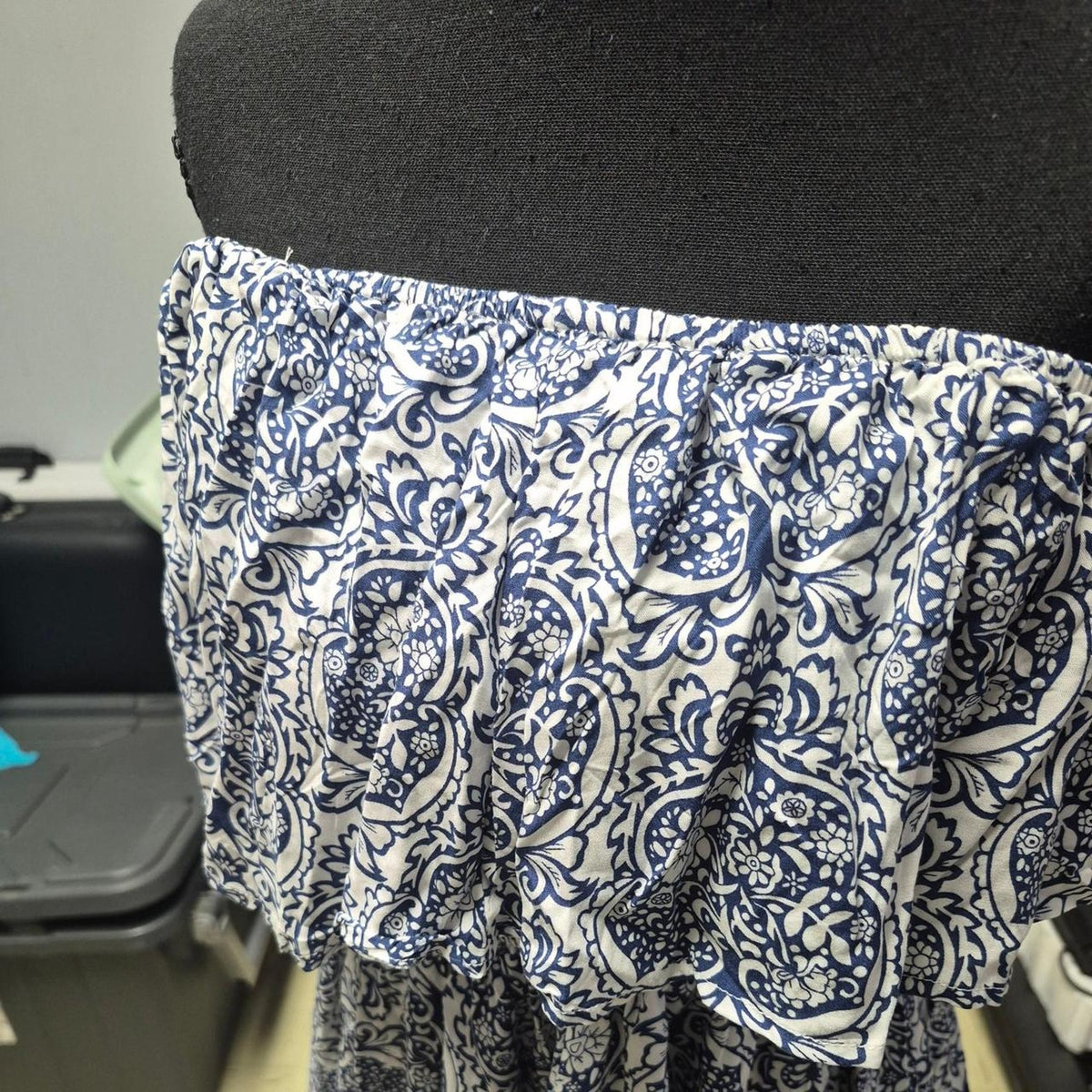 White and blue paisley print