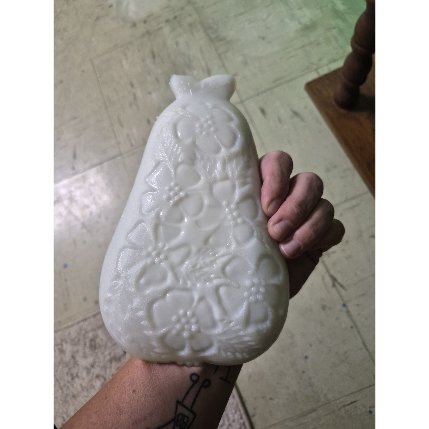 White Milk Glass Pear-Shaped Candy Dish, Embossed Fruit Pattern, Glossy