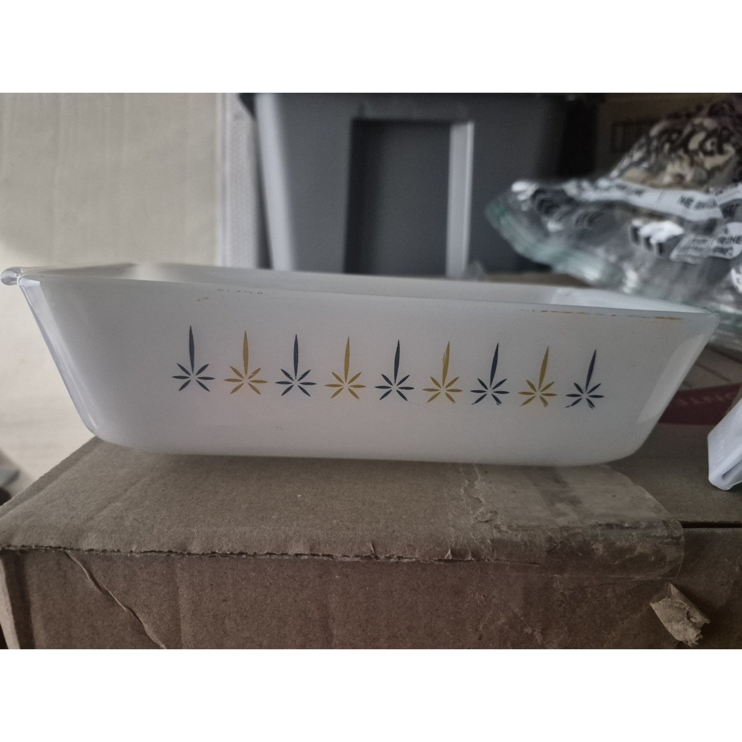 Fire King White Glass Rectangle Casserole Dish w/ Handles Blue Gold Floral
