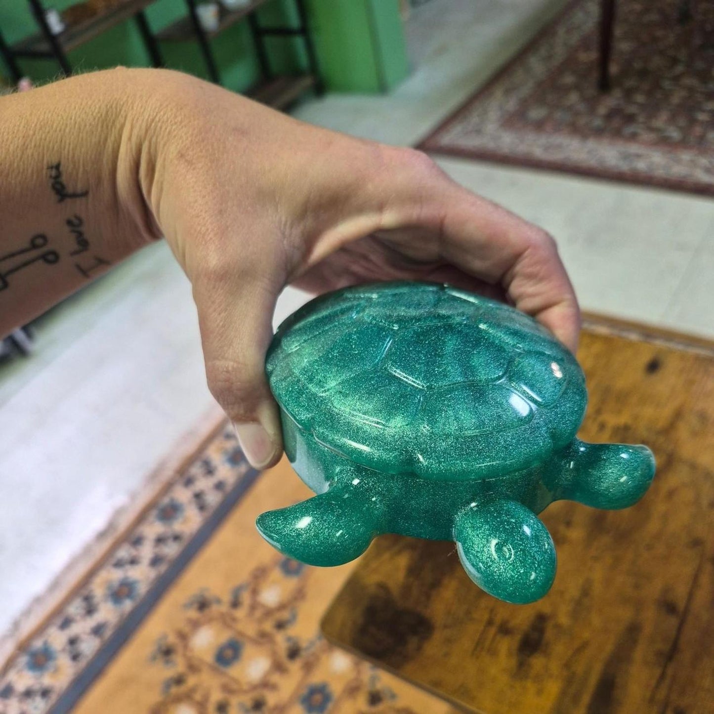 Green glitter resin turtle shaped