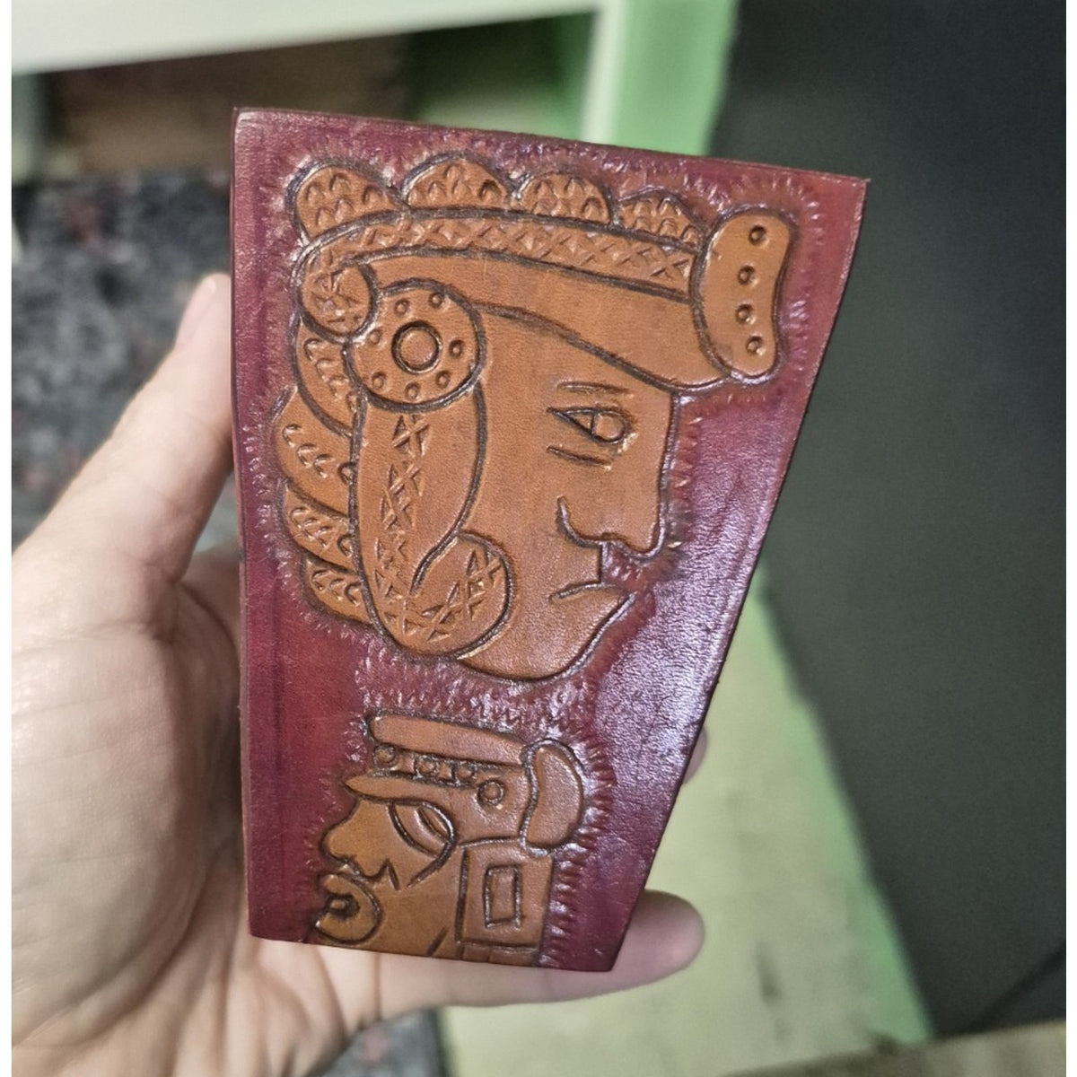 Small Carved Engraved Wood Trinket Box, Red/Brown Portrait, Trapezoid