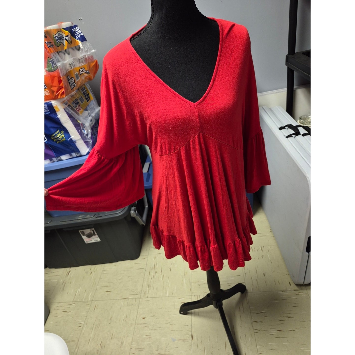 Annabelle Red V-Neck Ruffle Hem Tunic