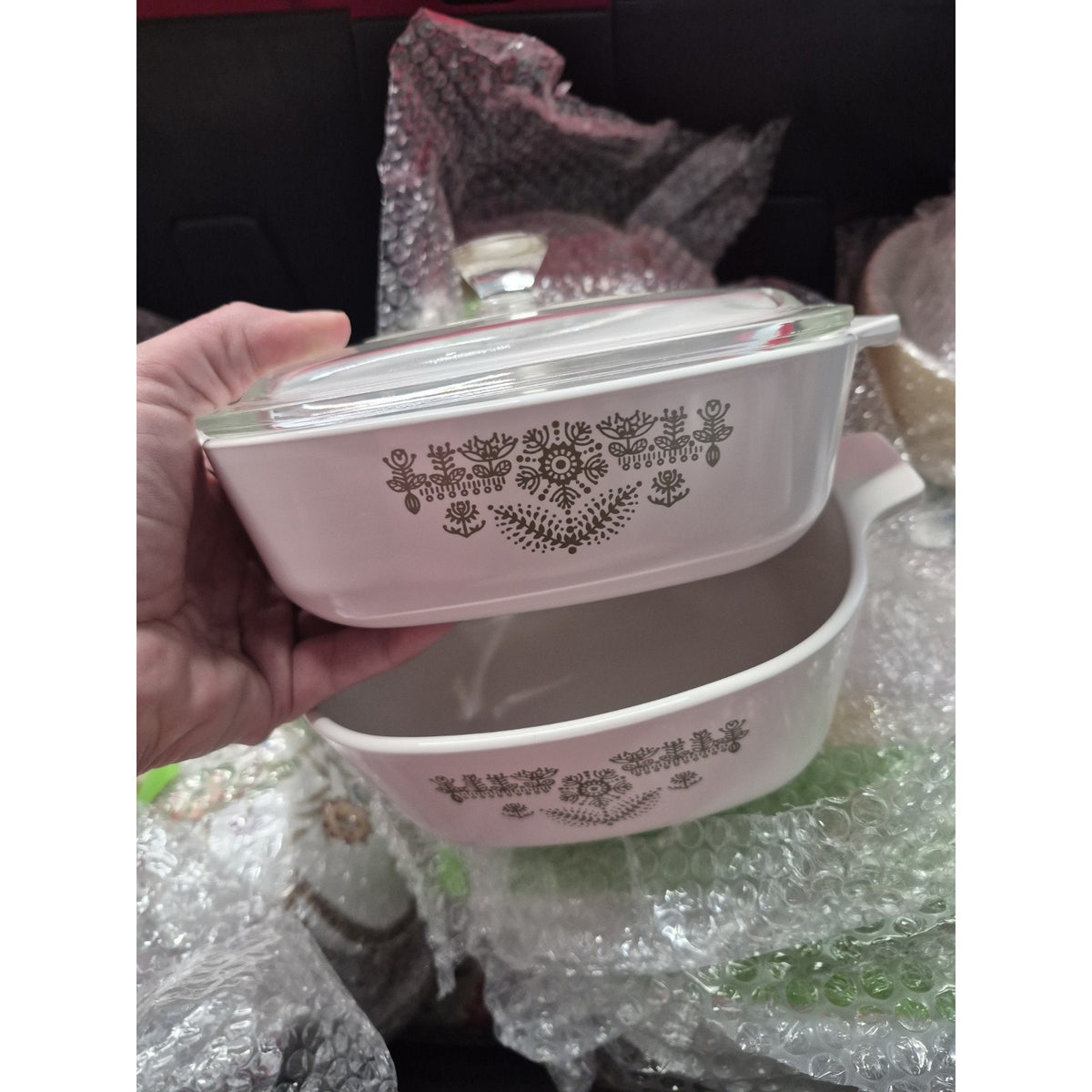 CorningWare JCP-1B White Green Floral Square 2 Casserole Dish w/ Lid Handle.