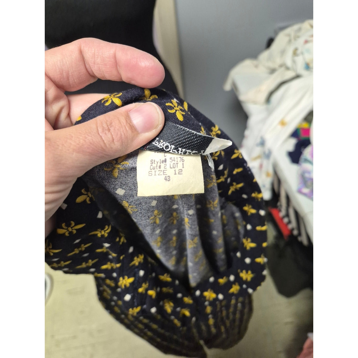 Navy Button-Up Shirt with Yellow Fleur Pattern