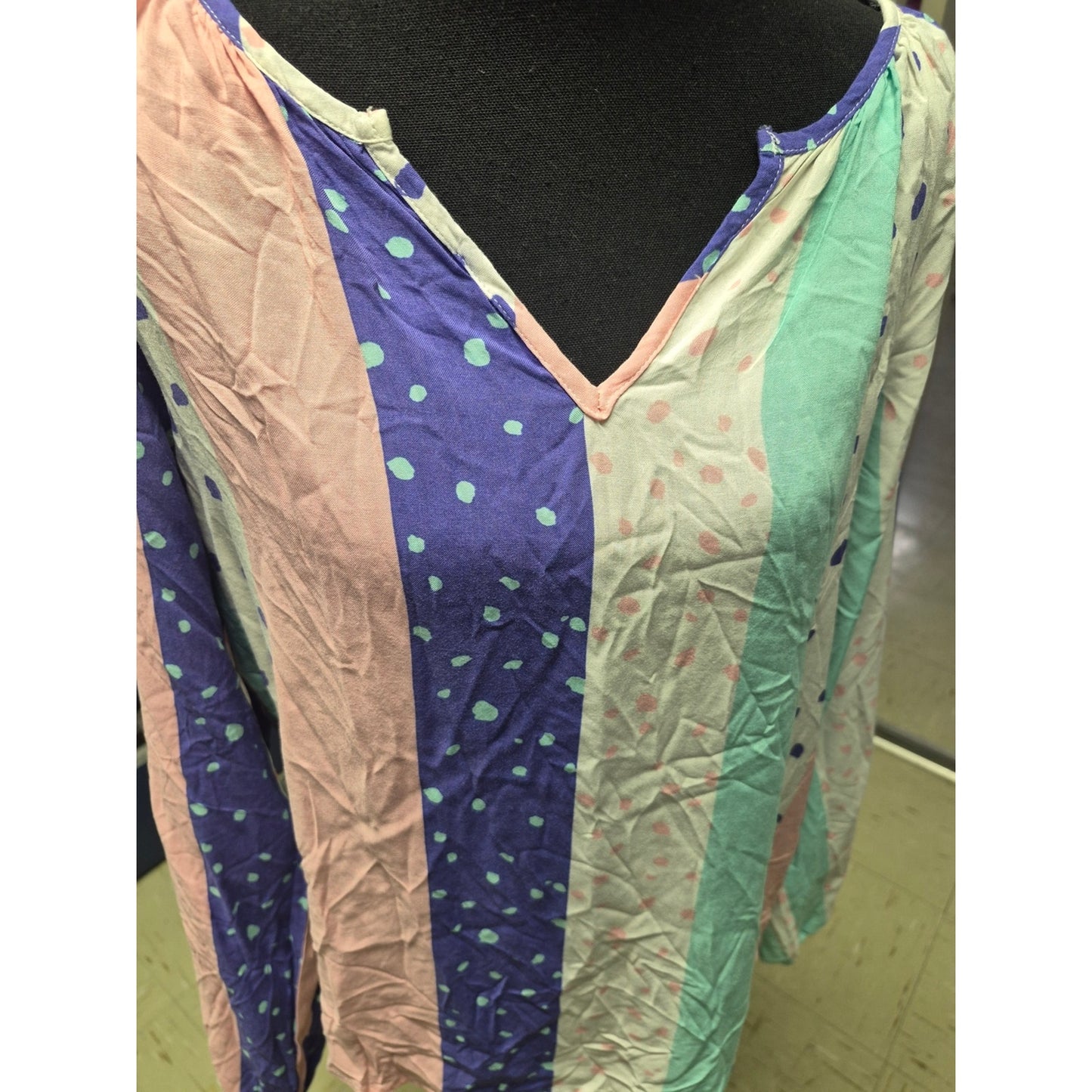 V-Neck Long Sleeve Striped & Polka Dot Top - Pink, Purple, Mint