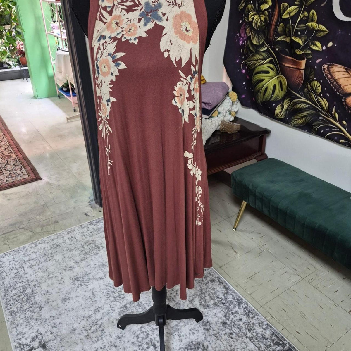 Burgundy floral midi dress with