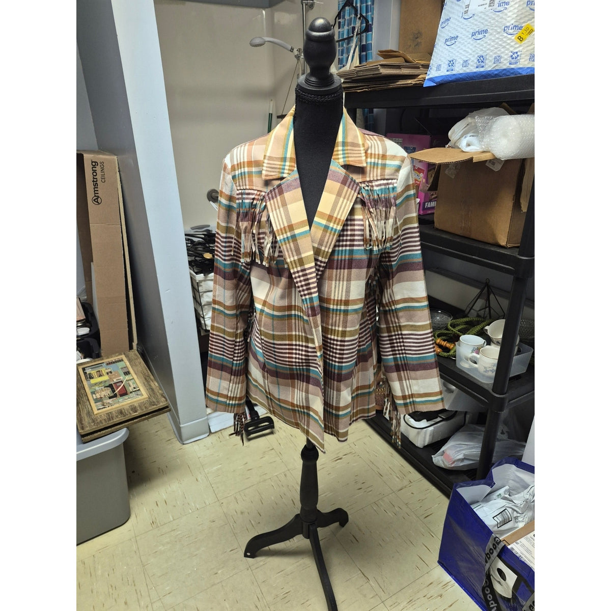 Cato Plaid Fringe Blazer in Brown, Cream & Tan