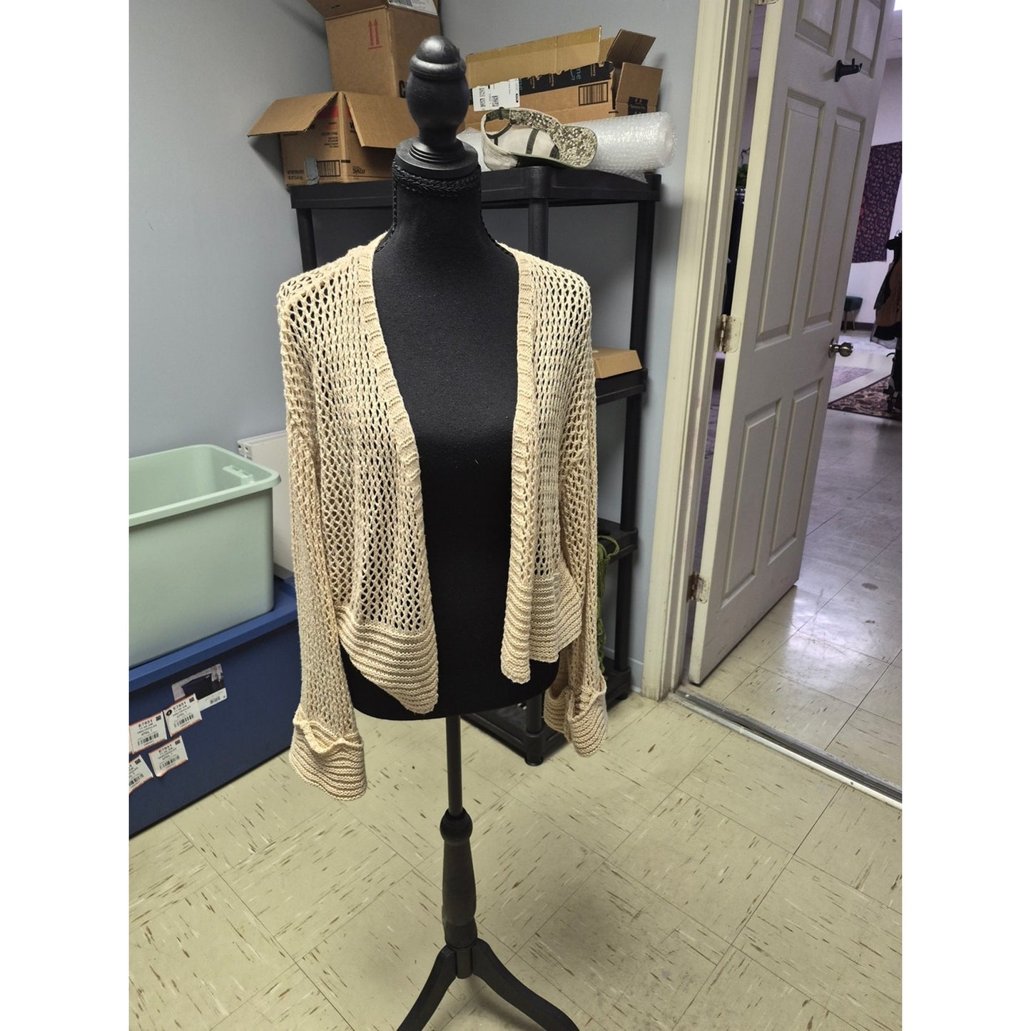 Hem & Thread Open-Knit Cropped Cardigan in Cream
