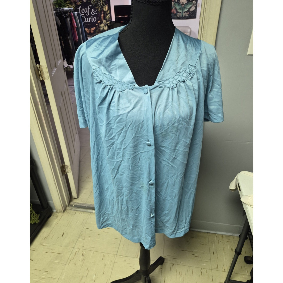 Vanity Fair Blue Satin Nylon 2-Piece Pajama Set Short Sleeve V-Neck Size M